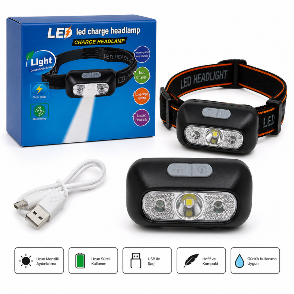 Sensörlü Kafa Lambası | Type-C Şarjlı LED+COB Balıkçı Feneri